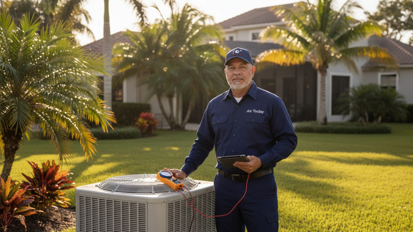 Mauricio of Air Today beside a residential outdoor A/C unit in South Florida