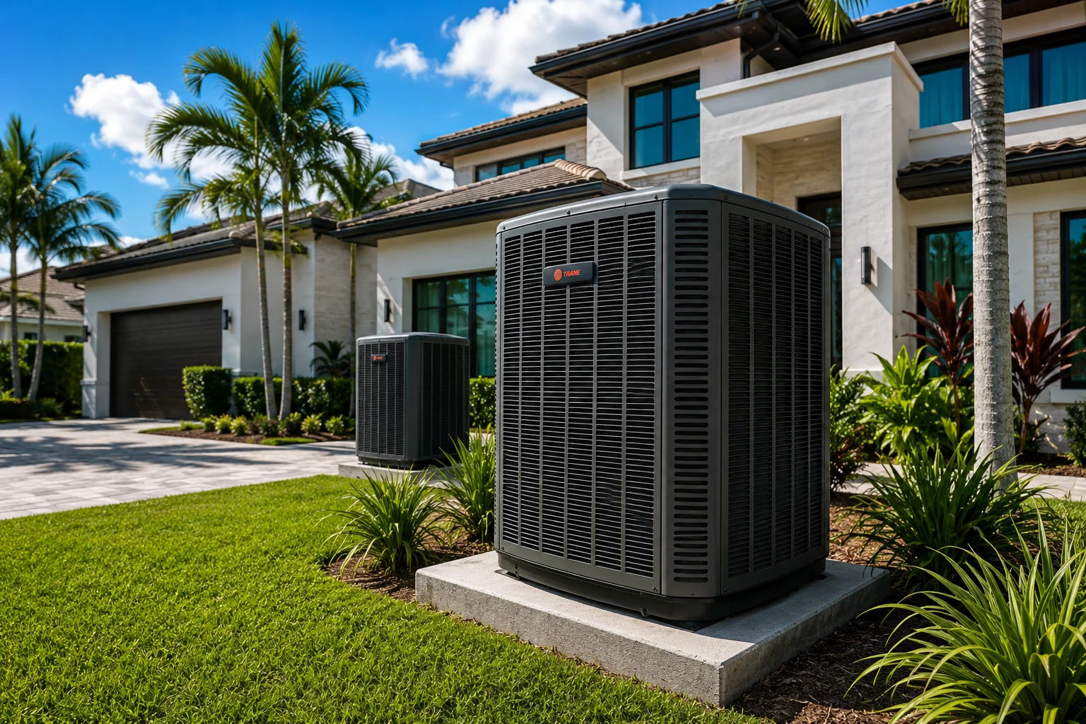 New residential A/C system installed beside a South Florida home
