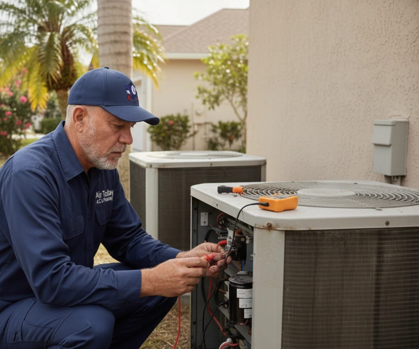 Air Today technician diagnosing a residential outdoor A/C unit