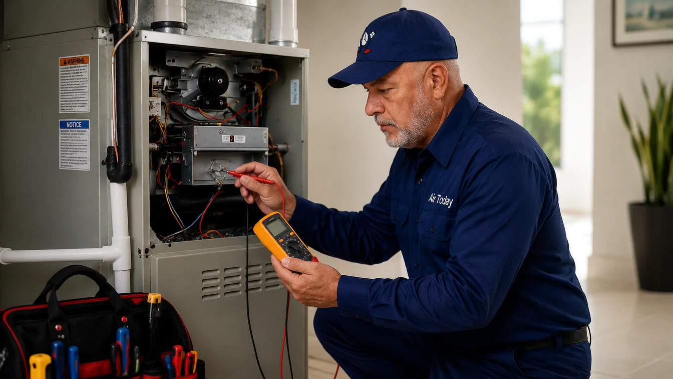 Air Today technician diagnosing a residential indoor A/C system